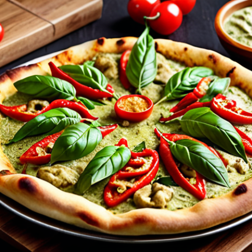 **

A vibrant, appetizing fusion pizza topped with Thai green curry sauce, grilled chicken, red chilies, and basil leaves on crispy pizza dough. Focus on the rich color and texture of the curry.

**