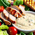 **Close-up of a vibrant salad featuring fresh vegetables, grilled chicken, and a generous drizzle of Caesar dressing. Focus on the creamy texture of the dressing and the contrasting colors of the ingredients. Consider adding a Parmesan cheese garnish.**